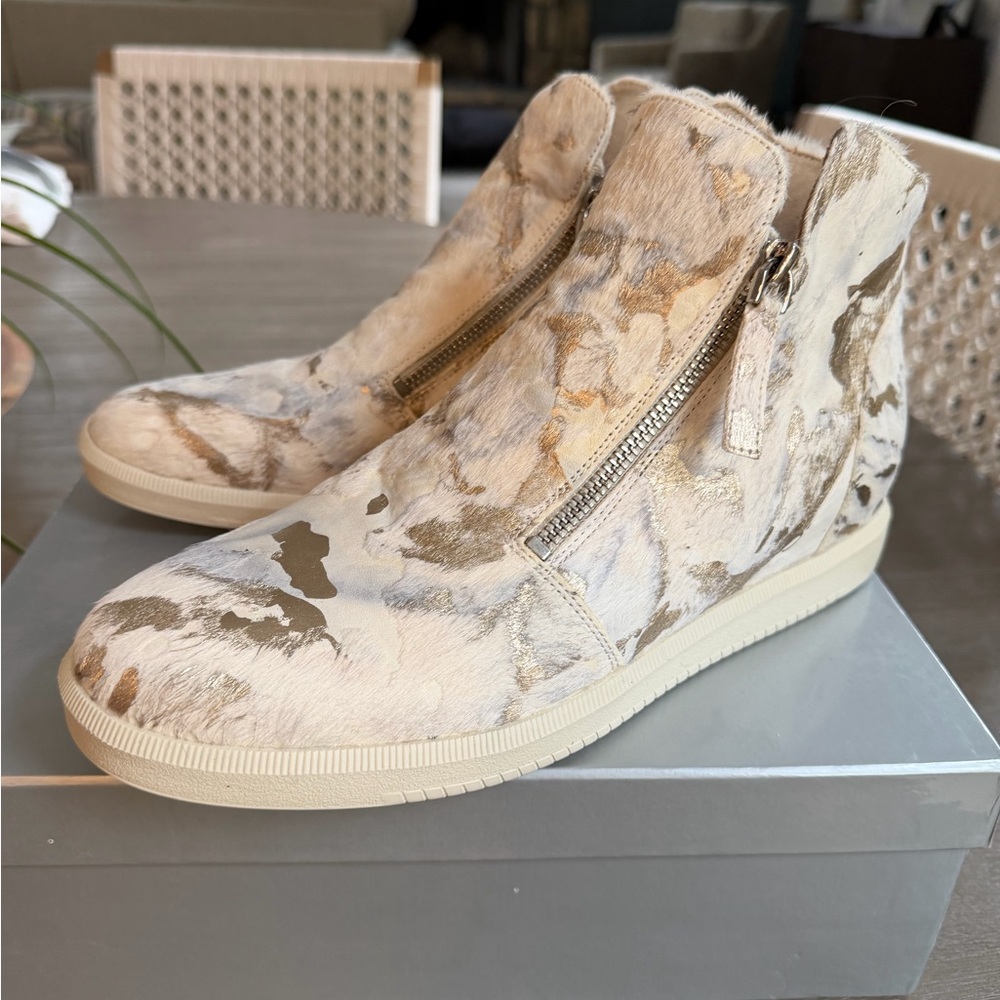 Vaneli Cream and Gold REAL CALF FUR High-Top Sneakers NWT in box!  Stunning!